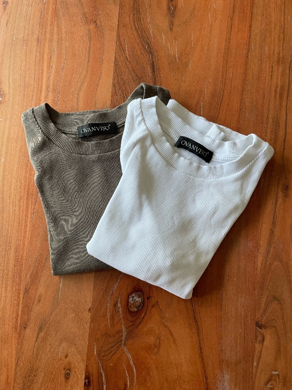 SET OF 2! Ovanviso Stretch Ribbed Short Sleeve Crew Neck Crop Top - Olive+White